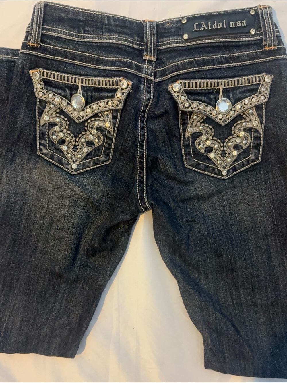 L.A. idol Dark Wash Boot Cut Jeans with Embellished Rhinestone Pockets